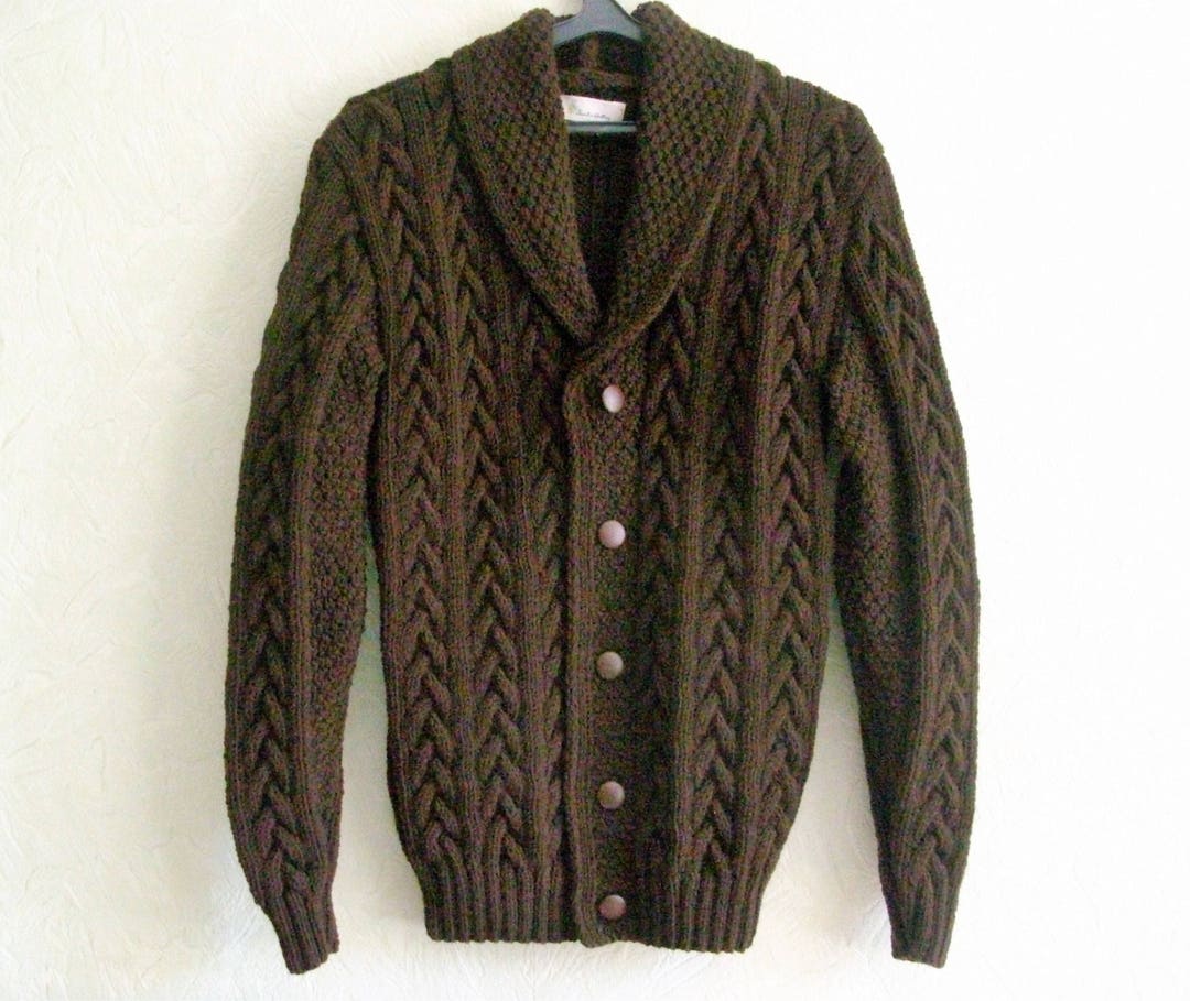 Hand Knit/handmade Warm Wool Blend Shawl Collar Cable Men's Sweater ...