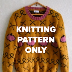 Hand Knit/ Animated Film Inspired Apple Sweater/ Warm Mustard Wool Blend  Men&#39;s  Sweater/ Knitting Instruction