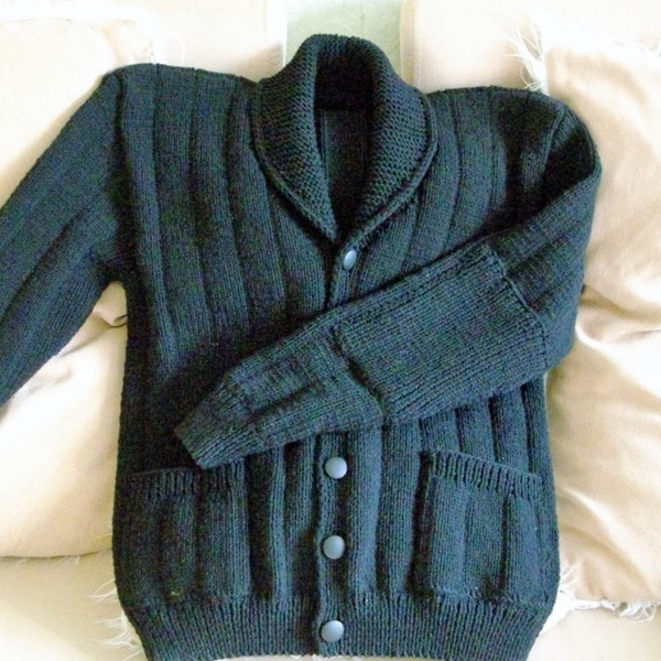 Hand Knit Wool Blend Shawl Collar Men's Cardigan with Elbow Patches