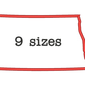 May include: Red outline of the state of North Dakota with the text "9 sizes" inside.