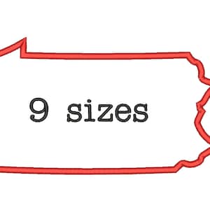 May include: Red outline of the state of Pennsylvania with the text "9 sizes" inside.
