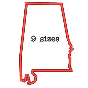 May include: Outline of the state of Alabama in red. The text "9 sizes" is inside the outline.