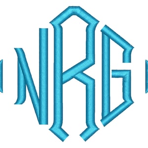 May include: A teal monogram design featuring the letters NRG in a stylized, ornate font. The letters are enclosed within a diamond-shaped frame, with small triangular accents on either side. The design has a textured, embroidered appearance.