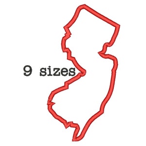 May include: Red outline of the state of New Jersey. The text "9 sizes" is below the outline.