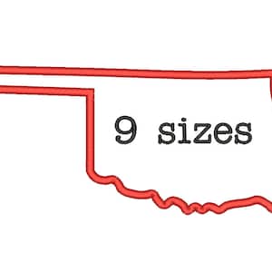 May include: Red outline of the state of Oklahoma with the text "9 sizes" inside.