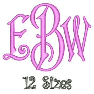 May include: Pink monogram embroidery design with the letters EBW in a script font. The text "12 Sizes" is below the monogram.