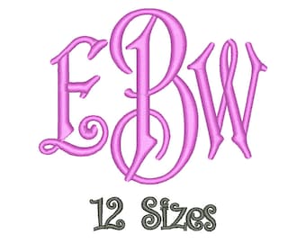 May include: Pink monogram embroidery design with the letters EBW in a script font. The text "12 Sizes" is below the monogram.