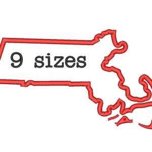 May include: Red outline of the state of Massachusetts with the text "9 sizes" inside.