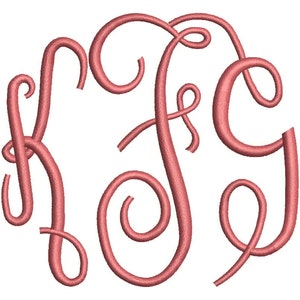 May include: A monogram with the letters K, F, and G in a cursive script style. The letters are intertwined and are a dusty rose color.
