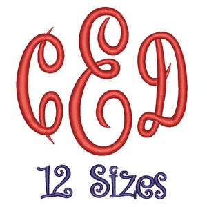May include: Red embroidered monogram with the letters C, E, and D in a cursive font. The letters are arranged in a circle. The text "12 Sizes" is below the monogram in a purple font.