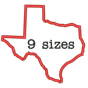 Puede incluir: Esquema rojo del estado de Texas con el texto "9 tamaños" en su interior.