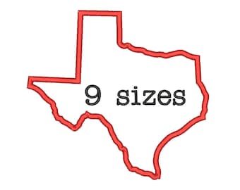 May include: Red outline of the state of Texas with the text "9 sizes" inside.