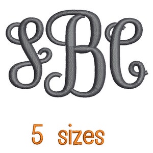May include: A monogram design with the letters "S B C" in a cursive script font. The letters are gray and the background is white. The text "5 sizes" is written in orange below the monogram.