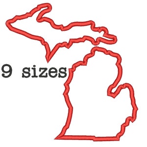 Puede incluir: Esquema rojo del estado de Michigan con el texto "9 tamaños" debajo.