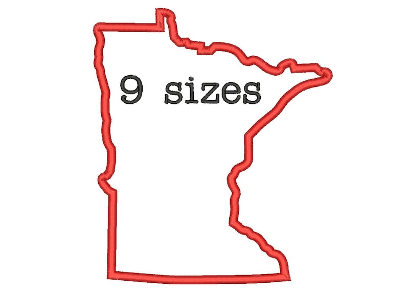 May include: Outline of the state of Minnesota in red, with the text "9 sizes" inside the outline.