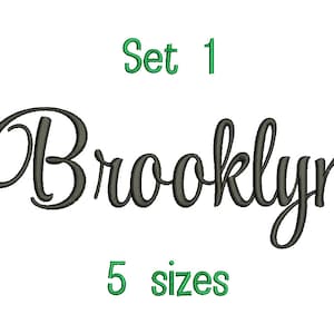 May include: A set of 5 embroidery designs for the name "Brooklyn" in a cursive font. The text "Set 1" and "5 sizes" is also included in the image.