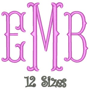 Può includere: Un design monogramma con le lettere GMB in un carattere decorativo e ornato. Le lettere sono di un rosa vibrante e sono visualizzate su uno sfondo bianco. Sotto le lettere, il testo "12 Sizes" è scritto in un carattere stilizzato verde scuro.