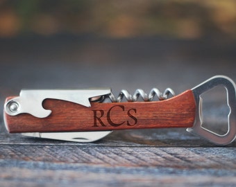 Wooden Wine and Beer Bottle Opener, Monogram Gift, Groomsman Gift, Bridesmaid Gift,House Warming Gift, Wedding Party, Customized Corkscrew