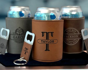 Personalized Drink Holder Bottle Opener Set - Can Cooler Gift - Gift For Men - Dad Gift Idea - Custom Husband Gift - Man Birthday