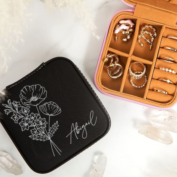 Travel Jewelry Box, Birth Flower Jewelry Case, Birth Month Jewelry Case, Birth Flower Personalized Jewelry Box, Bridesmaid Proposal