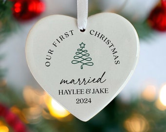 Heart Shaped Christmas Ornament, Personalized Our First Christmas Married Ornament, Wedding Ornament, Custom Newlywed Gift, Gifts for Couple