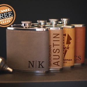 Engraved Flask For Groomsmen, Groomsman Flask Set, Personalized Groomsman Flask, Best Man Flask, Leather Flask, Flask Gift Set, Bachelor Box