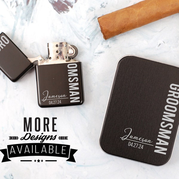 Engraved Lighter with Tin for Groomsmen, Personalized Black Engraved Lighter, Groomsman Gift Box Idea, Custom Lighter, Etched Lighter