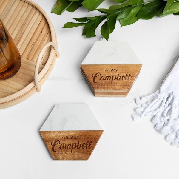 Wood and Marble Hexagon Coaster Set, Wedding Gifts, New Home Gift, Newly Wed Gift, Wedding Favor, Realtor Gift, Personalized Gift