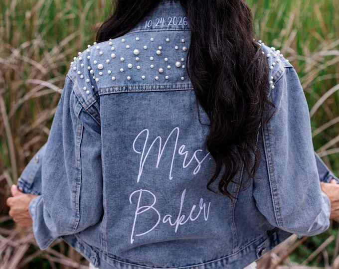 Bride Denim Jacket, Embroidered Mrs. Wedding Jacket, Bachelorette Party Jacket, Bridal Shower Gift, Personalized Bridal Pearl Jacket