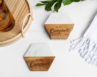 Wood and Marble Hexagon Coaster Set, Wedding Gifts, New Home Gift, Newly Wed Gift, Wedding Favor, Realtor Gift, Personalized Gift