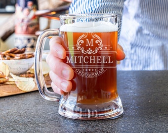 Personalized Beer Stein, Gift for Him, Groomsman Beer Glass, Glass Beer Mug with Handle, Best Man Gift, Father of the Groom