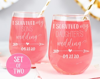 Parents Wedding Wine Glass Set, I Survived My Son's Wedding, I Survived My Daughter's Wedding, Mother of the Bride Stemless Wine Glass