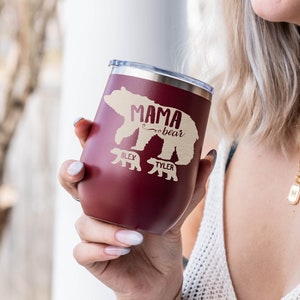 Mother's Day Stemless Wine Tumbler, Personalized Mama Bear with Cubs, Gift for Mom, Mothers Day Gift, Wine Lover image 1