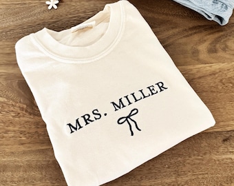 Custom Mrs. Bride Shirt, Embroidered Engagement Gift For Bride, Coquette Bow Tee, Bridal Shower Gift, Personalized Future Mrs. Last Name Tee