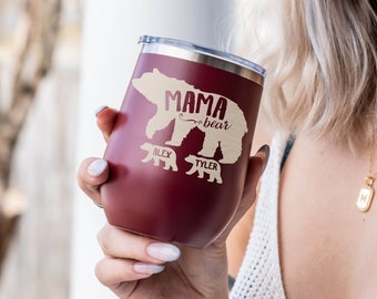 Mother's Day Stemless Wine Tumbler, Personalized Mama Bear with Cubs, Gift for Mom, Mothers Day Gift, Wine Lover