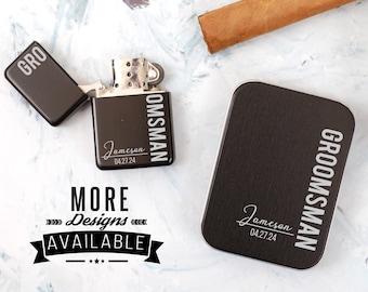 Engraved Lighter with Tin for Groomsmen, Personalized Black Engraved Lighter, Groomsman Gift Box Idea, Custom Lighter, Etched Lighter