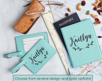 Personalized Passport Holder and Luggage Tag Set with Name Engraved, Travel Gift, Engraved Passport Wallet, Passport Case, Vegan Friendly