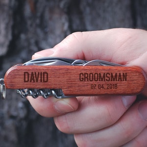 Groomsman Custom Multitool, Groomsmen Wooden Knife, Custom Best Man Pocket Knife, Personalized Engraved Multi Tool, Wedding Party Gift,