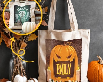 Personalized Halloween Trick or Treat Tote Bag, Custom Kids Halloween Bag, Halloween Candy Bag, Black Cat, Ghost, Pumpkin, Candy Treat Bag