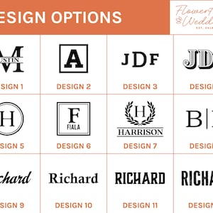May include: Twelve different monogram design options for wedding invitations. The designs feature various fonts, styles, and layouts, including initials, full names, and decorative elements.