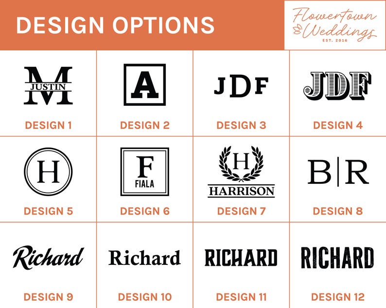May include: Twelve different monogram design options for wedding invitations. The designs feature various fonts, styles, and layouts, including initials, full names, and decorative elements.