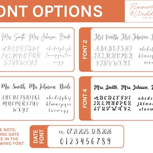 May include: A chart with four different font options for wedding invitations. Each font option shows the alphabet in uppercase and lowercase letters. The chart also includes a note that the wedding date will be in the following font. The chart includes a sample date in the font option.