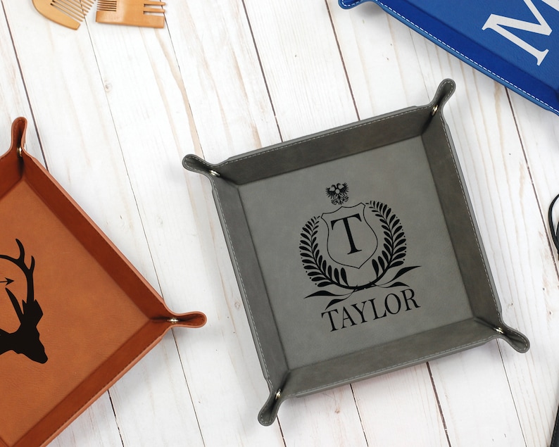 Valet Tray, Leather Valet Tray, Mens Valet Tray, Personalized Valet Tray, Coin Tray, Engraved Valet Tray, Leather Snap Tray, Nightstand Tray image 3