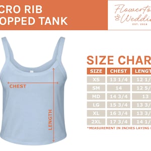 May include: Light blue micro rib cropped tank top with a size chart showing chest and length measurements in inches. The size chart includes XS, SM, MD, LG, XL, and 2XL sizes. The top has a scoop neck and wide straps.