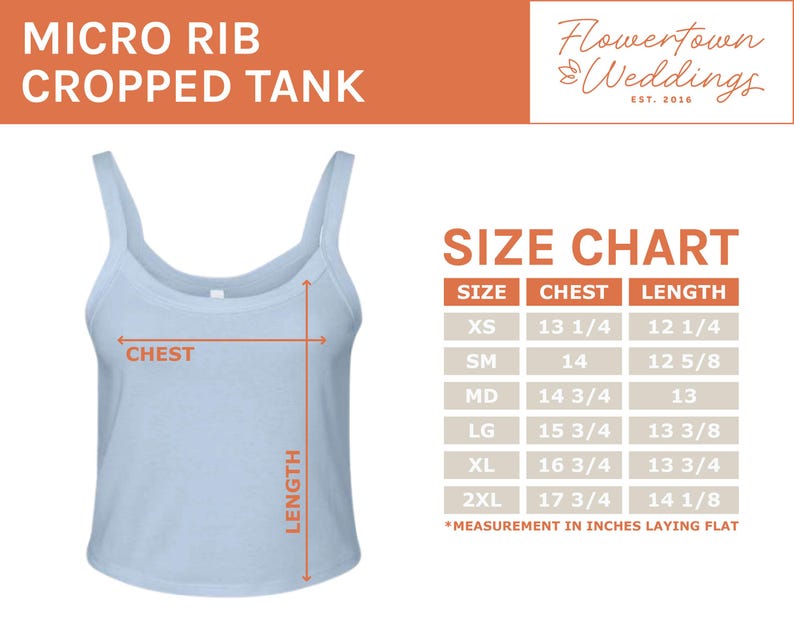 May include: Light blue micro rib cropped tank top with a size chart showing chest and length measurements in inches. The size chart includes XS, SM, MD, LG, XL, and 2XL sizes. The top has a scoop neck and wide straps.