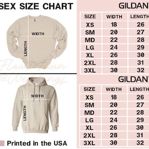 May include: A unisex size chart for crewneck and hoodie sweatshirts. The chart includes measurements for sizes XS to 3XL, with width and length in inches. The Gildan brand is featured. The text "Printed in the USA" is also visible.