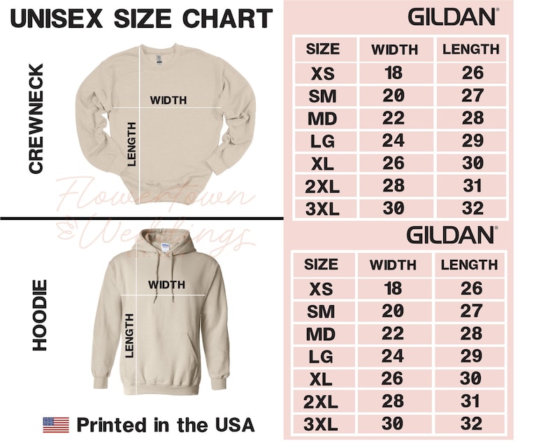 May include: A unisex size chart for crewneck and hoodie sweatshirts. The chart includes measurements for sizes XS to 3XL, with width and length in inches. The Gildan brand is featured. The text "Printed in the USA" is also visible.