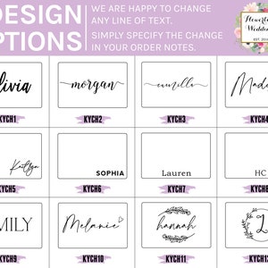 May include: A design options image featuring various names in elegant calligraphy, including "Olivia," "Morgan," and "Madison." The image also includes the text "We are happy to change any line of text. Simply specify the change in your order notes."