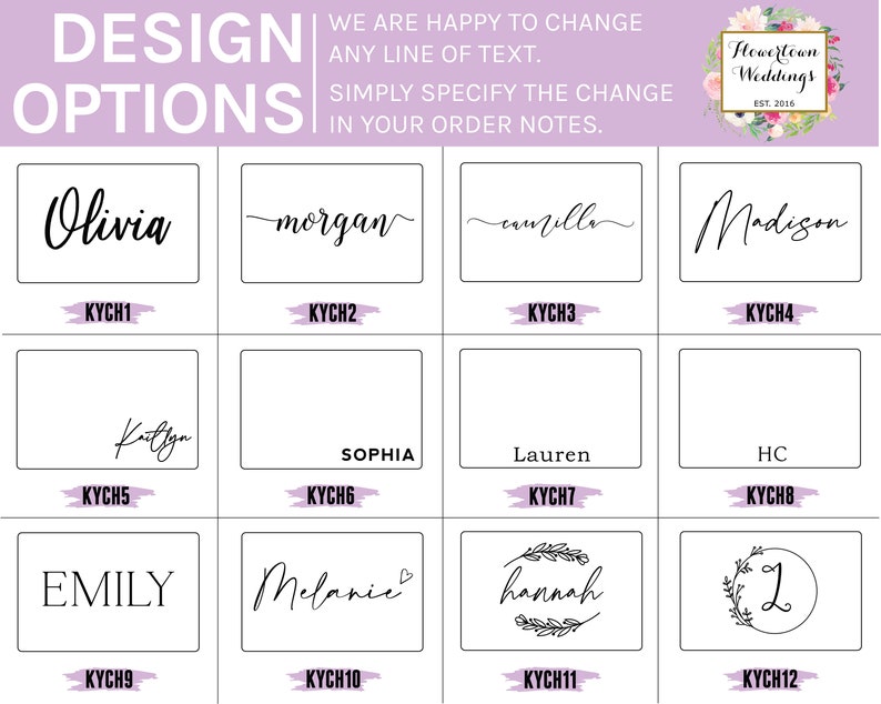 May include: A design options image featuring various names in elegant calligraphy, including "Olivia," "Morgan," and "Madison." The image also includes the text "We are happy to change any line of text. Simply specify the change in your order notes."