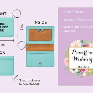 May include: A teal leatherette card holder with a silver keyring, measuring 4.25 inches wide, 3 inches high, and 0.5 inches thick when closed. The front reads "DESIGN ENGRAVED HERE". Includes a snap closure.